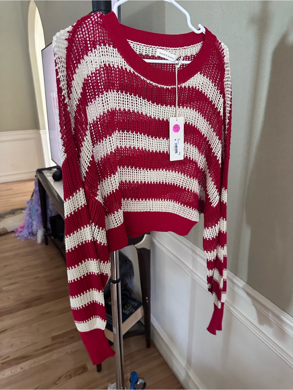 Altar'd State Red and Cream Striped Open-Knit Crewneck Sweater